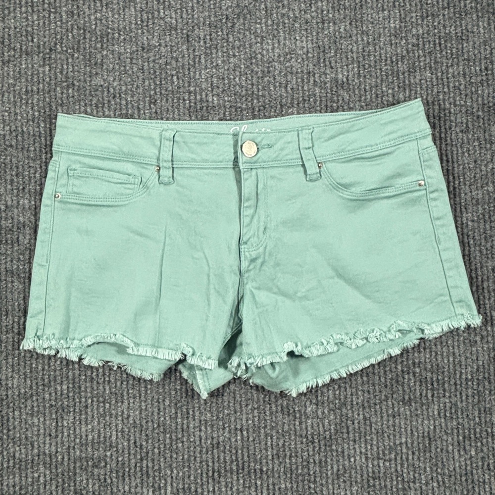 YMI Denim Shorts Womens 11 Teal Green Raw Hem Frayed Stretch Casual
